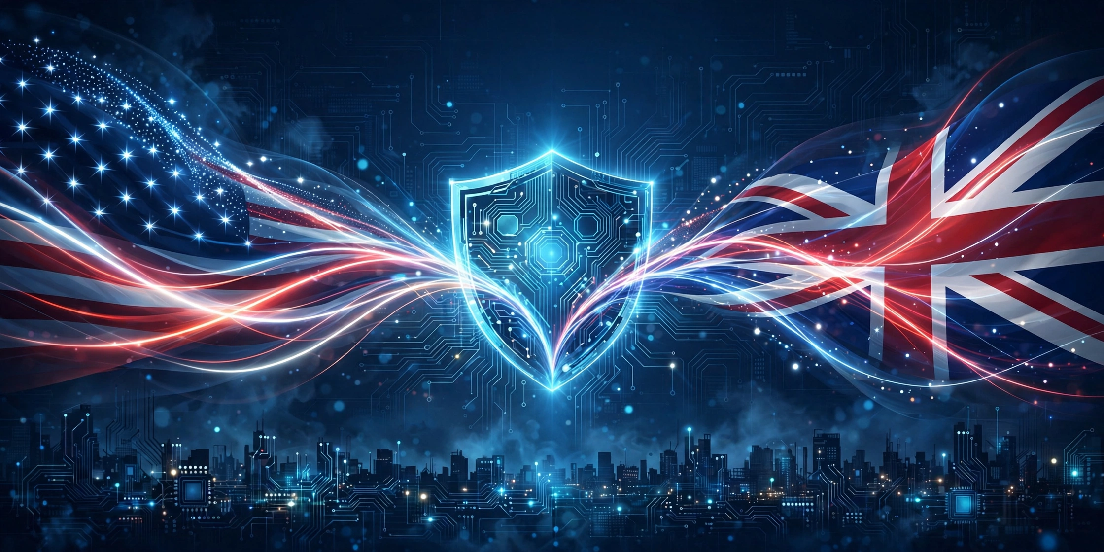 Dark blue tech illustration: US and UK flag ribbons converging on a glowing AI safety shield over a circuit-board skyline, no text.