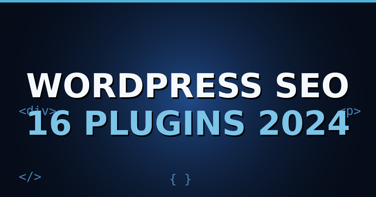 A dark navy gradient cover with HTML-tag motifs and the title text "WordPress SEO Plugins 2024".