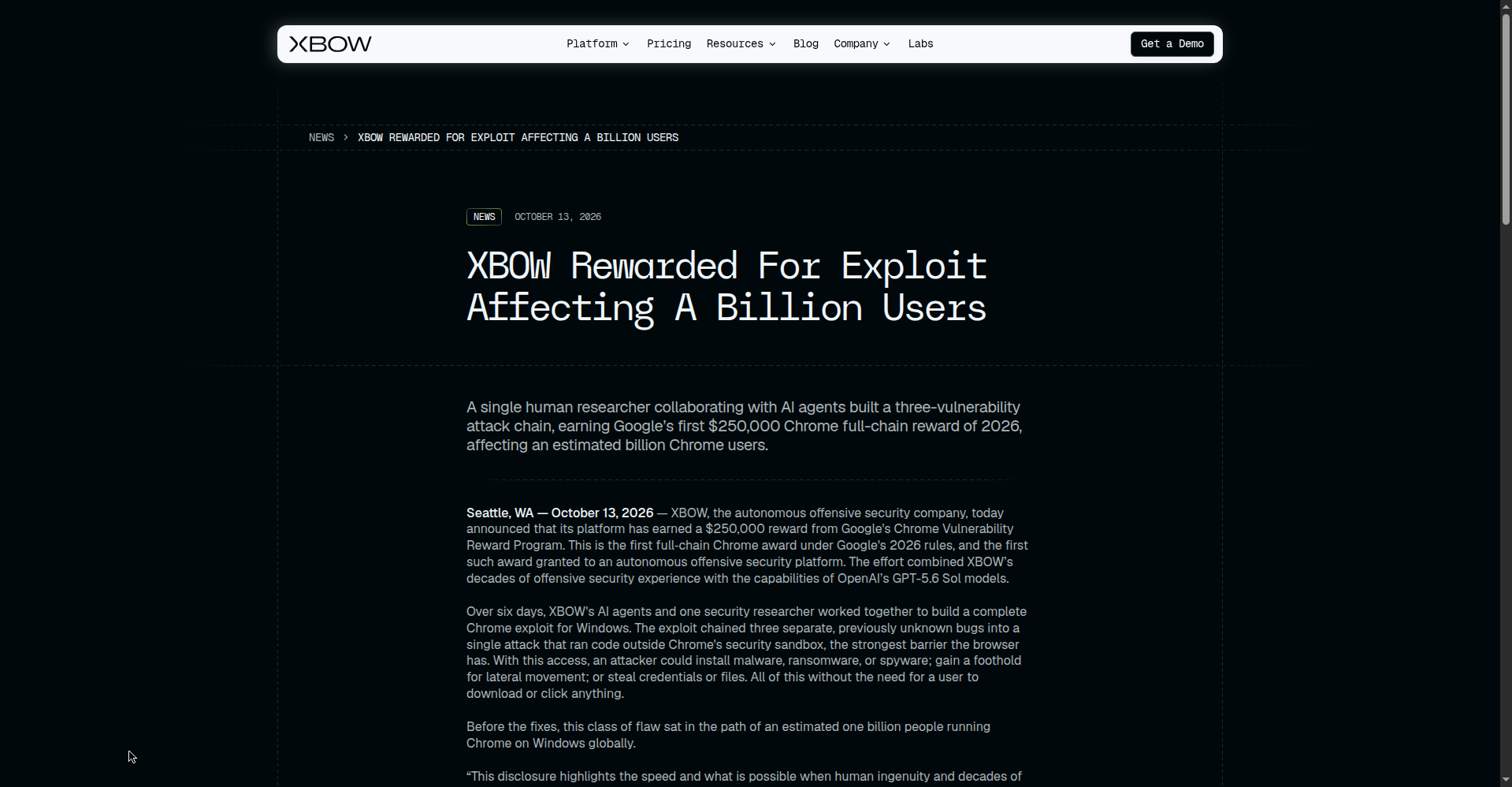 Screenshot of XBOW's official press release page headlined "XBOW Rewarded For Exploit Affecting A Billion Users", dated October 13, 2026, on a dark background.
